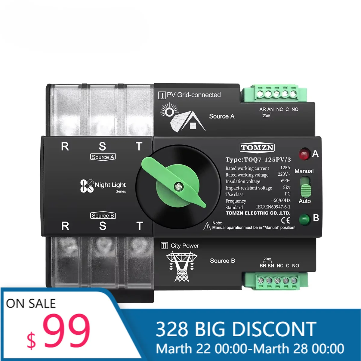 TOMZN 3P Din Rail PV ATS 230V 63A-125A Dual Power Automatic Transfer Switch Uninterrupted Selector