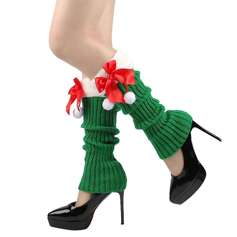 Christmas Leg Warmers Cute Pom Bow Furry Trim Knit Ribbed Leg Warmers Women's Knee High Socks Boot Cuffs Slouch Socks