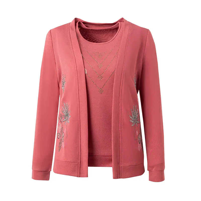 Mid Aged Women Fashion Coat Tops 2024 New T-Shirt @ Embroidered Coat Shawl Two Piece Spring Summer Autumn Outerwear Clothing