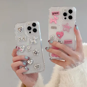 かわいい 3D ラブハート Y2K スタースパイシーガール電話ケース iphone 15 14 13 11 12 プロマックスエポキシ透明ソフト耐衝撃カバー