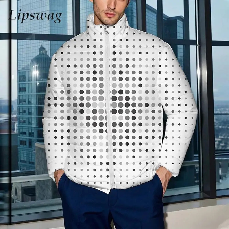 

Vintage Polka Dots Printed Down Jackets Mens Stylish Zipper Stand Collar Outerwear Fall Winter Outdoor Casual Warm Jacket Coats