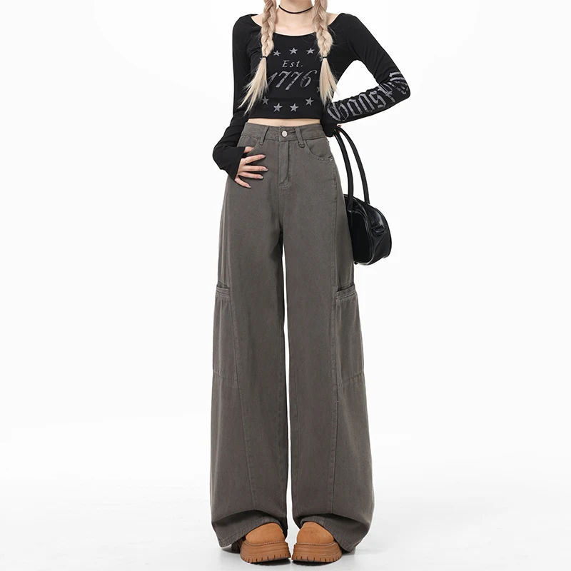 

Versatile style for going out, versatile cement gray large pocket workwear jeans for women