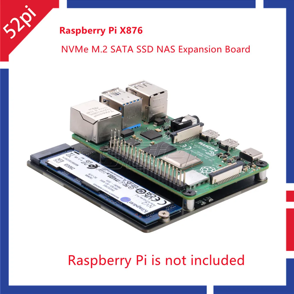 

52Pi Raspberry Pi X876 NVMe M.2 SATA SSD NAS Expansion Board Support Key-M 2280 SSD for Raspberry Pi 4B