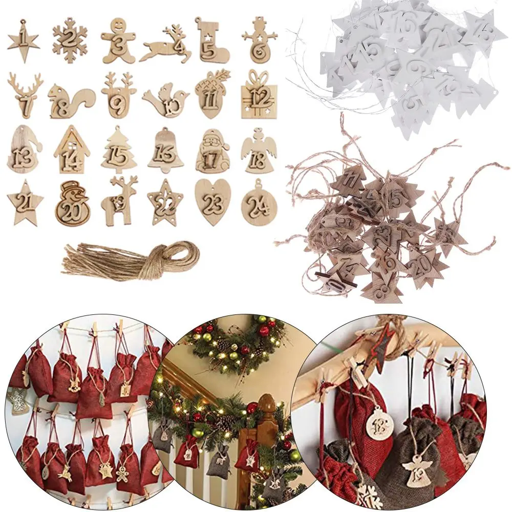 24PCS/set DIY Xmas Clips Ornament Countdown Hanging Tags Christmas Advent Calendar Wooden Pendant Number Label