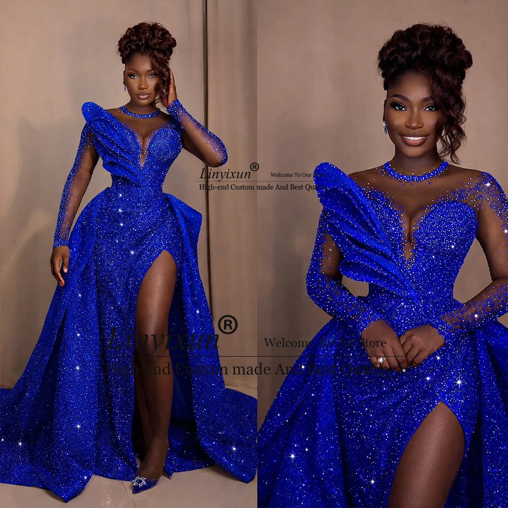 Funkelndes Pailletten-Abschlussballkleid 2026 mit abnehmbarer Schleppe, vorne geschlitzt, Meerjungfrauen-Abendkleid, maßgeschneiderte Festkleider