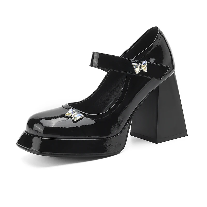 جلد طبيعي مصنوع يدويًا (جلد الماشية المطلي) حذاء نسائي بكعب عالي معدني على شكل فراشة مجوهرات أحذية ماري جينس للحفلات #6