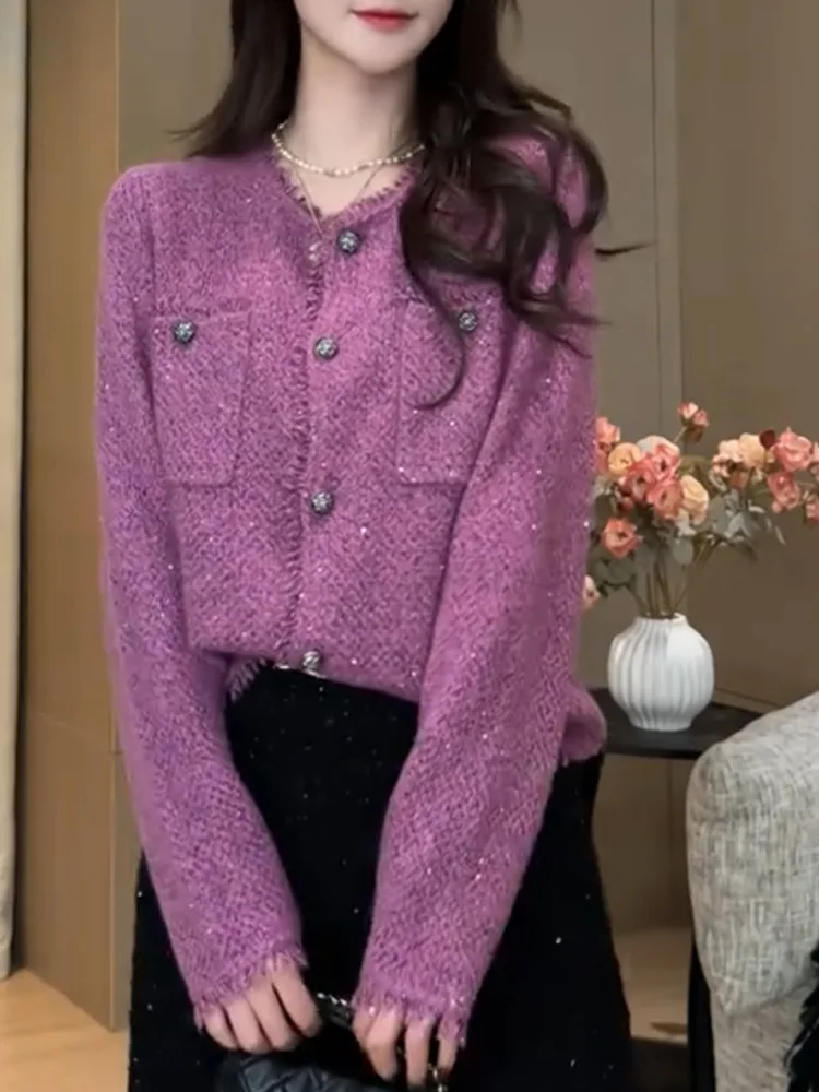 

Ele iny Sequin Knitted Open Cardigan Women's Faion Autumn 2025 New plus Size Slimming Top Warmth Thermal Properties