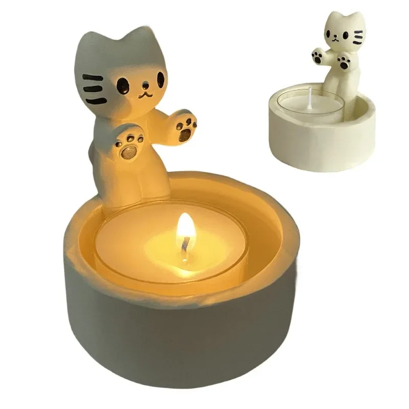 Cat Ceramic Candlestick Ornament Cartoon Cat Warm Claw Cute Lamp Holder Cat Enthusiast Choice Gift for Home Decor
