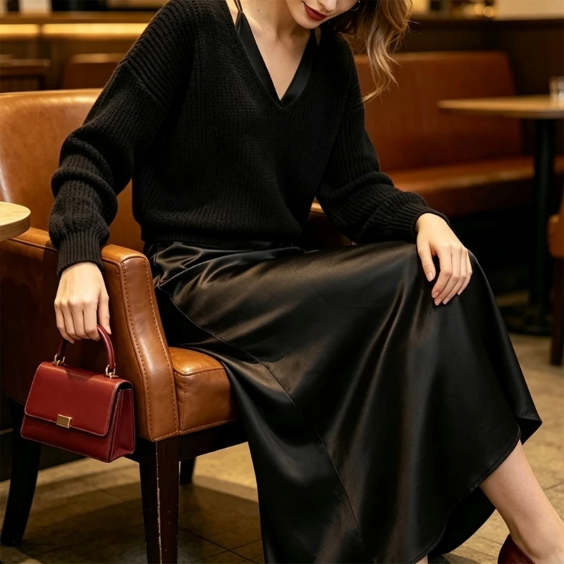 Conjunto vestido suéter para mujer con top punto con cuello en V manga larga y vestido lencero raso