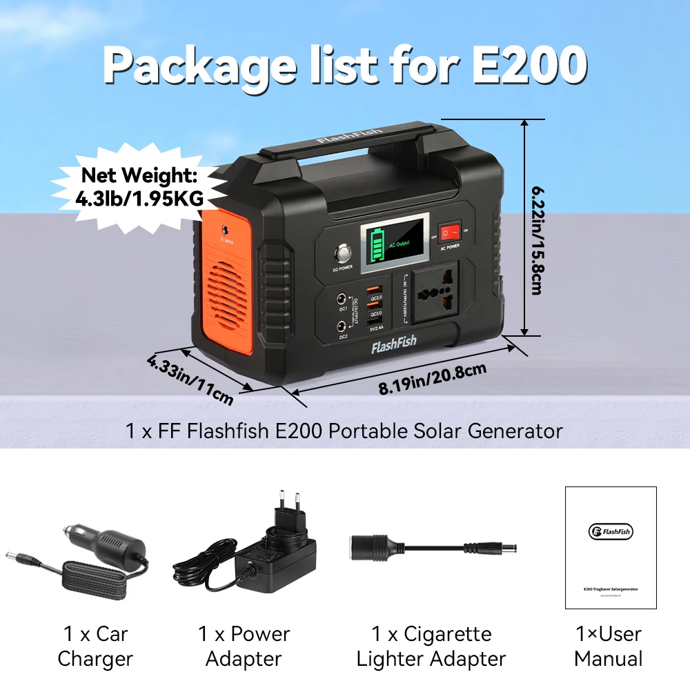 Flashfish e200ポータブル電源ステーション、200wソーラー発電機
