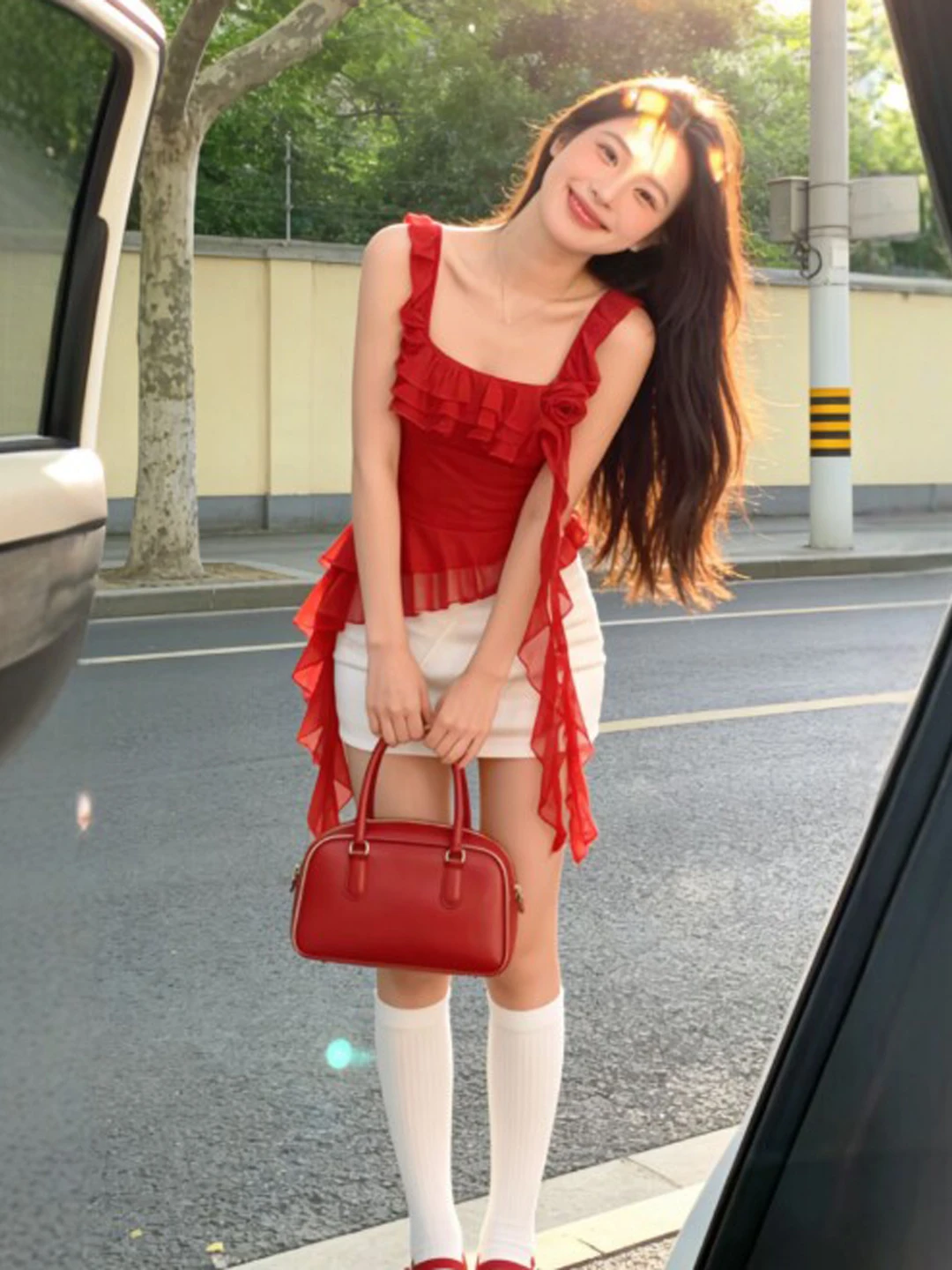 

Unique Red Slim Fit Vest Strap Top Beach Holiday Outfit Casual Breathable Cotton U-Neckline Inner/Outer Wear Gentle Style