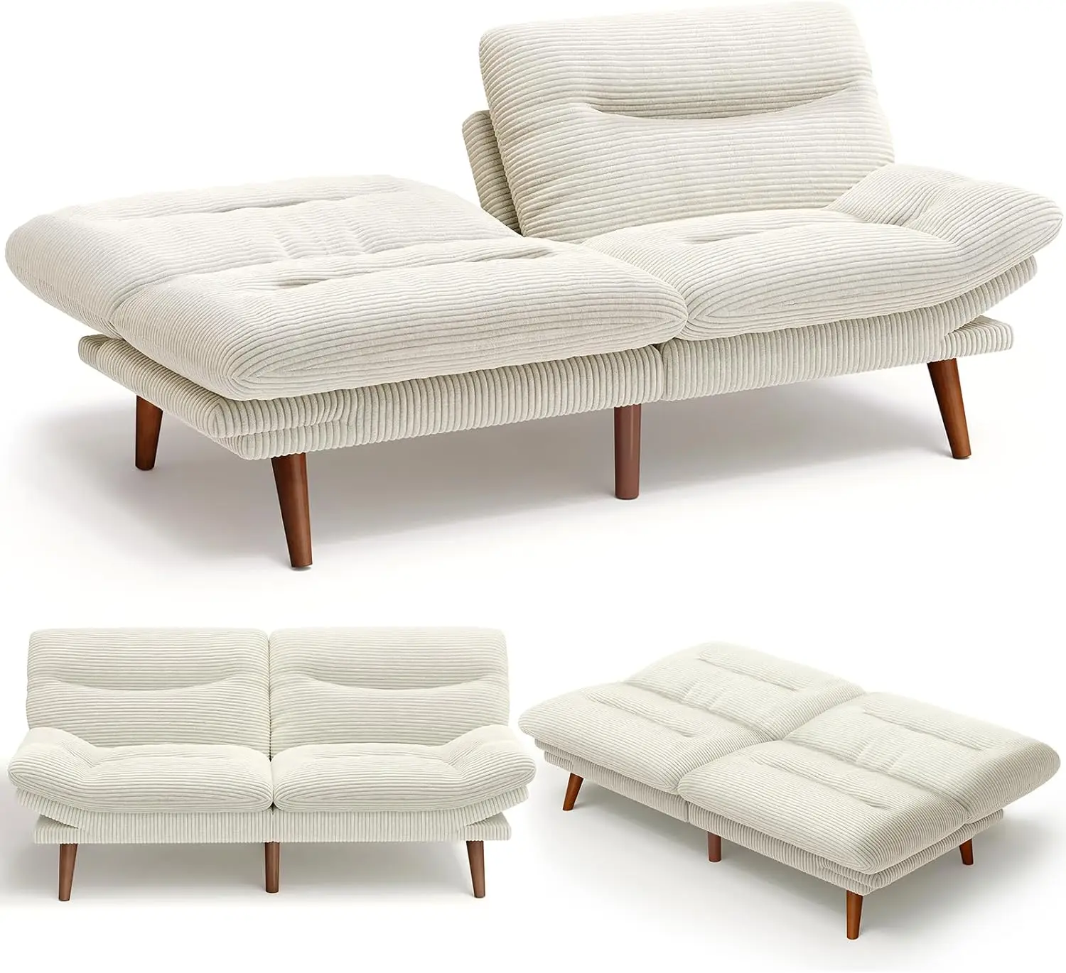 

66Convertible Futon Sofa Bed, Corduroy Folding Futon Set with Adjustable Backrest &Armrests, Recliner Lounge for Living Ro