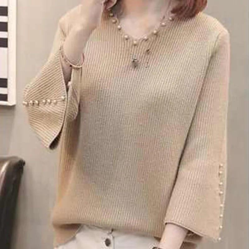 

Fashion V Neck Knitting Sweater Women Autumn New Beaded Long Sleeve Jumpers Woman Solid Color Bottoming Pullover