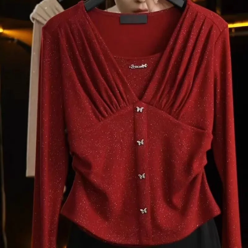 

Весна 2024, новые женские модные стильные винные футболки с v-образным вырезом, красивые модные топы