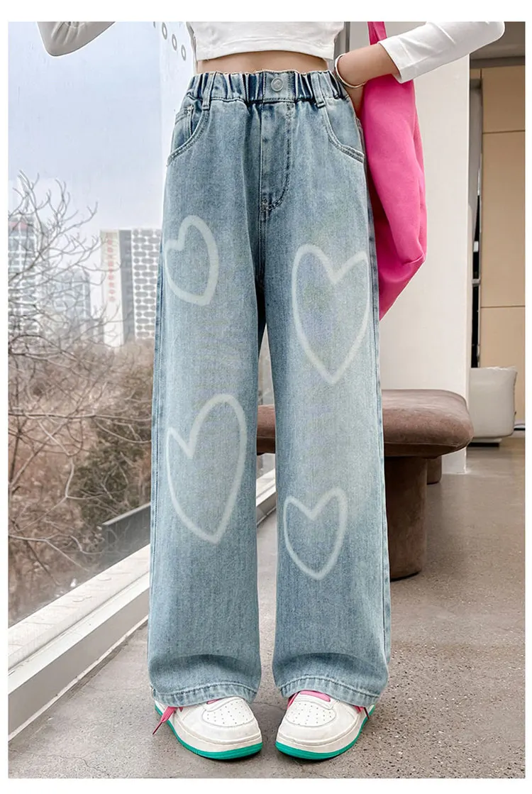 Hochwertige Jeans für große Mädchen mit Herzmuster, Neuheit 2024, Frühjahr/Herbst, modische weite Hosen, lockere Schulhosen für Kinder – Detail 6