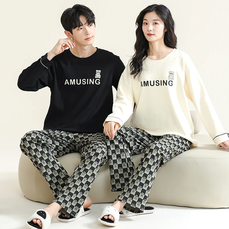 Cartoon Sleepwear Cotton Pajamas Couple Set Long Sleeves Pyjamas Suit Pijama Women Men Loungewear Plus Size Pj Set Drop Ship