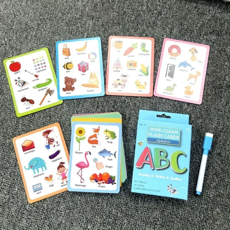 Children's Cognitive Toys Cartoon Alphanumeric Cards with Erasable Pens Learning Aids Flashcards Baby Puzzle Early Education