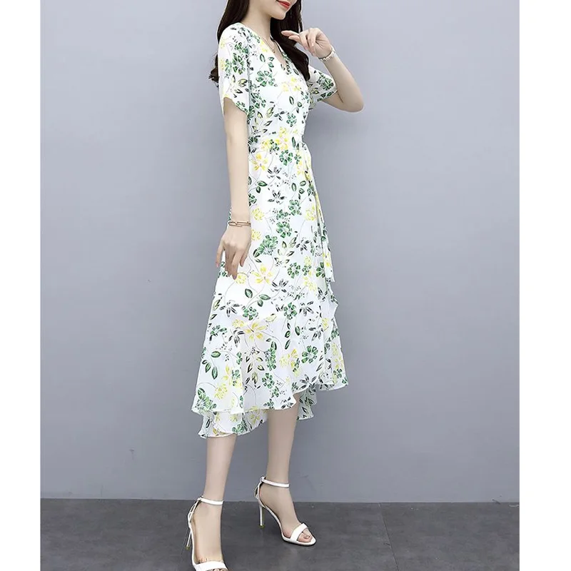 2023 New Summer Fashion Commuting Simple V-neck Printed Lace Up Waist Covering Belly Temperament Casual Irregular Dress