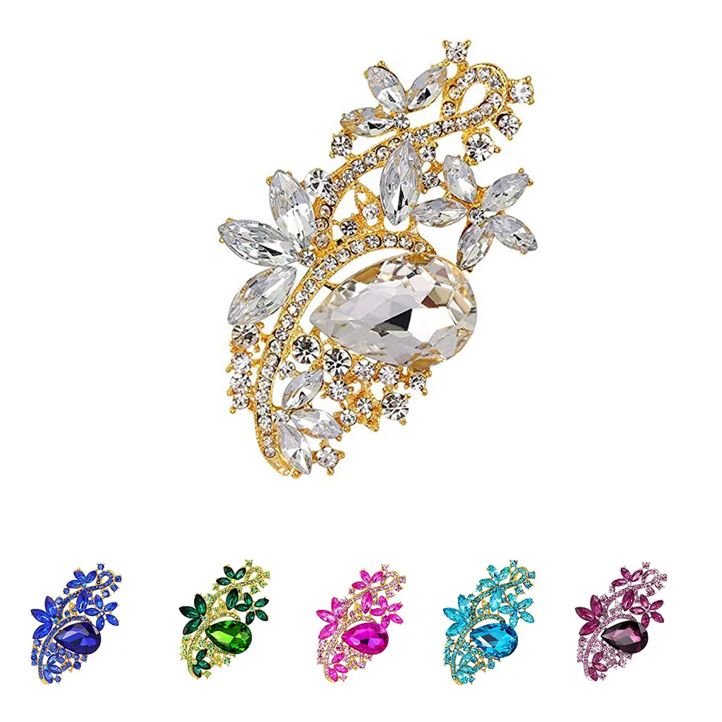 Women Crystal Flower Brooches Female Rhinestone Floral Scarf Clip Party Wedding Dress Bouquet Brooch,Lake Blue