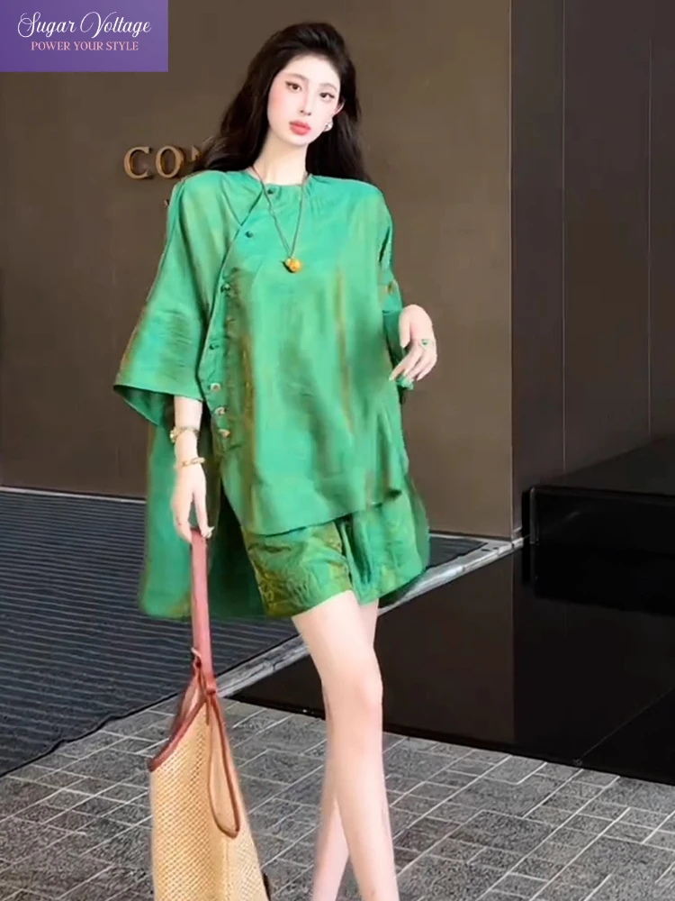 

New Chinese Style 2-Pieces Set Women Summer 2025 Elegant Green Loose Shirt and Shorts Outfit Fashion High End Two Piece Suit