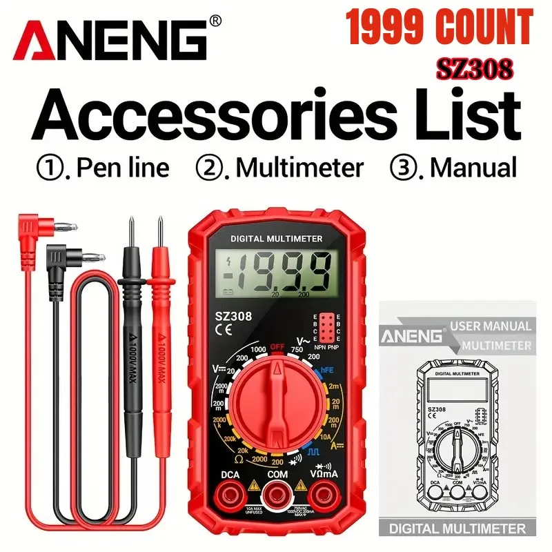 

ANENG SZ308 Square Wave Digital Tester 1999 Counts Digital Multimeter AC/DC Voltage & Current Tester Current Multimeters Meter