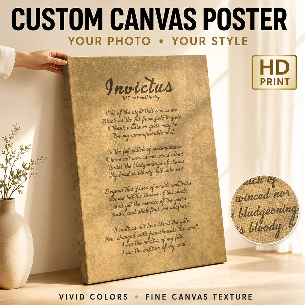 Invictus William Henley Poem Canvas Print With Wooden Frame Personalized Photo, Statement Lettering Wall Art For Home Office
