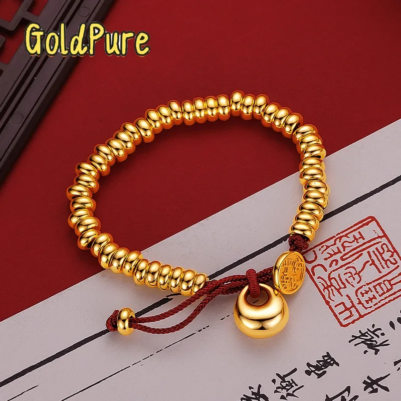 

Goldpure Men and Women 9999 24K Real Gold New Chinese Smooth Gold Lump Peace Joy Money Wrapped Red Rope Bracelet Simple China-Ch