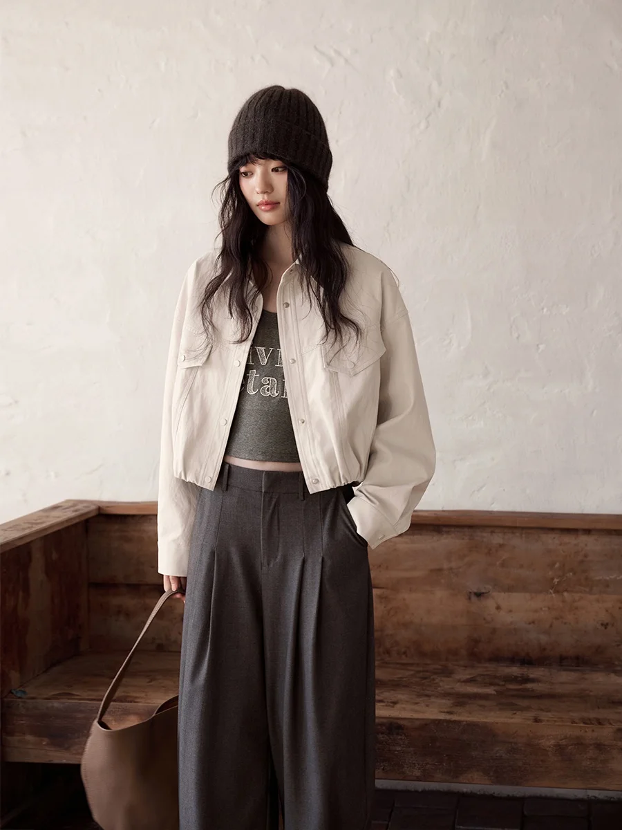 エレガントな韓国風レディースレザージャケット アプリコットカラー 春の新作 おしゃれな高級感 通勤スタイル ゆったりフィット