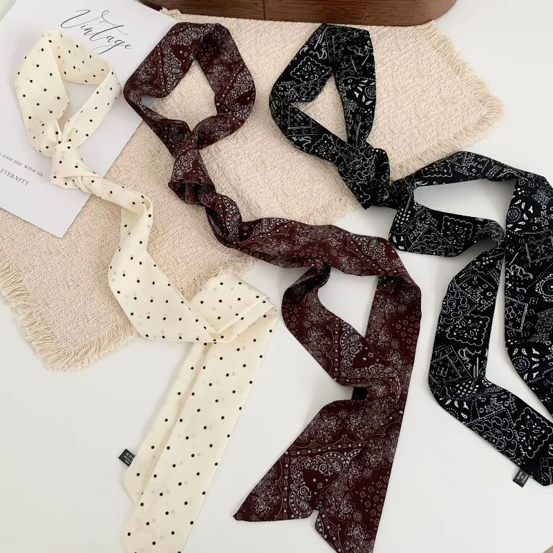 Long Polka Dot Skinny Scarf for Women Vintage Retro Ribbon Tie for Neck Bag Wrap Belt Soft Lightweight Versatile Daily Accessory