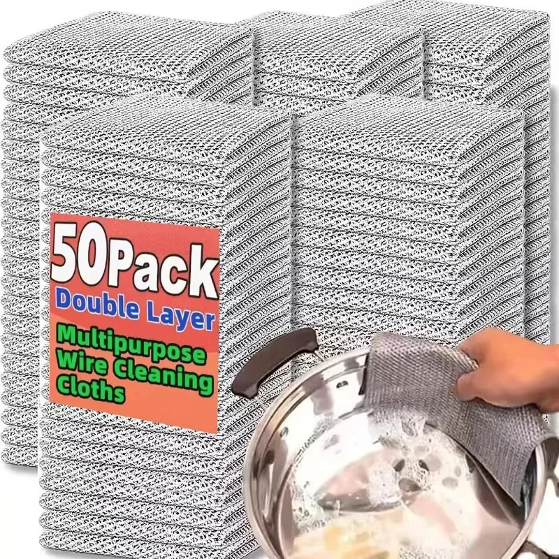 Paquete de 10-50 paños de limpieza para cocina, paños de microfibra gruesos de doble capa con hilo plateado, adecuados para uso en seco y húmedo, ideales para la limpieza de la cocina