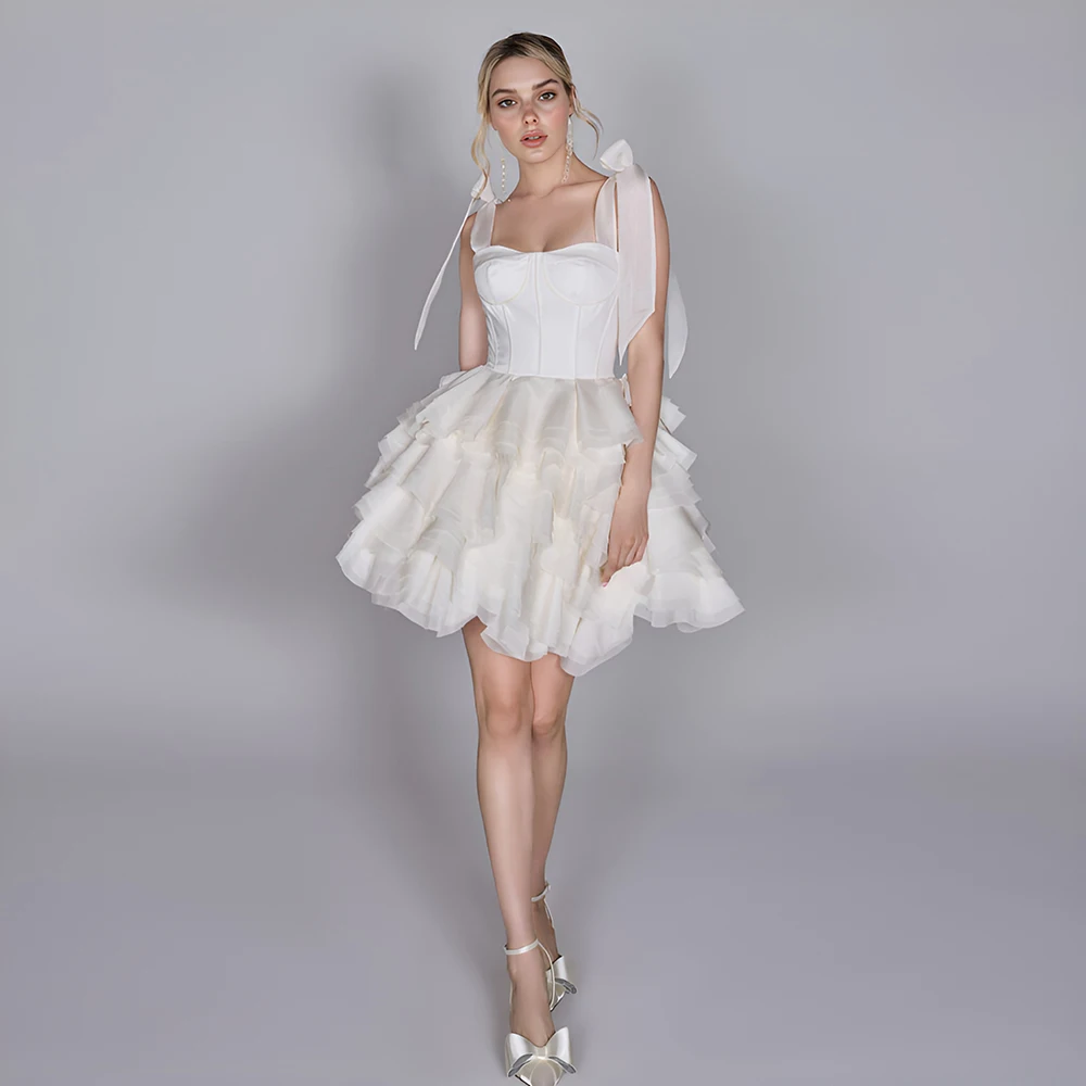 

Elegant Cocktail Dresses for Special Occasions White Evening Dresses Corset Organza Mini Dress with Ruffle Skirt and Bow Straps