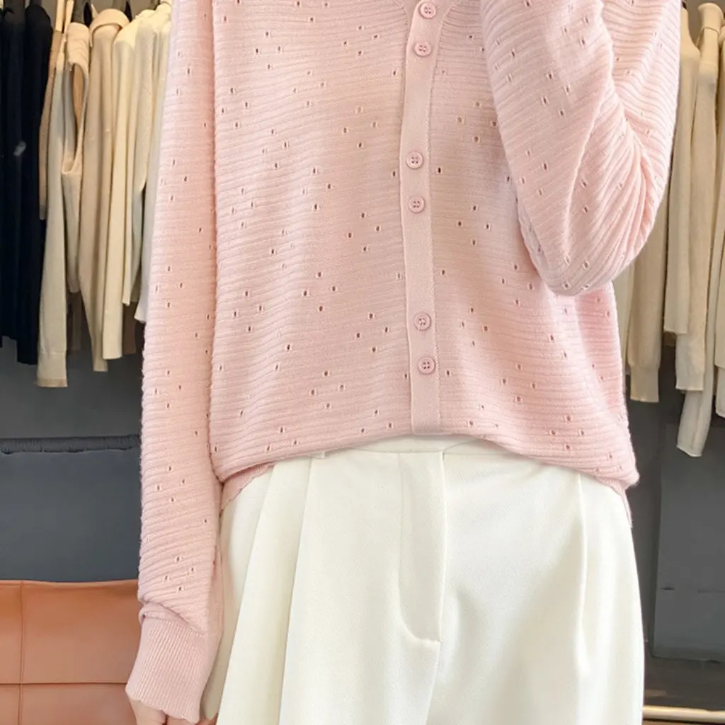 

New Style Autumn Women's Knitted Cardigan Hollow V-Neck Worsted 6 Solid Color Elegant Loose Top for Ladies