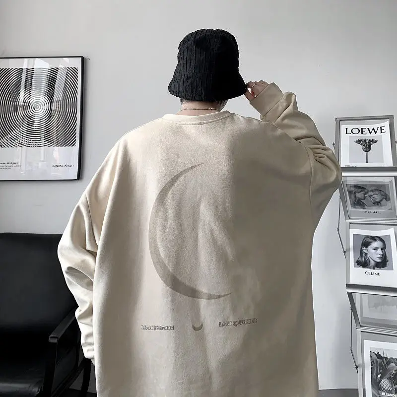 Sweatshirts New Men Women Simple Stroke Moon Graphic Pullovers Oversized Korean Style Man Letter Print O Neck Tops 2023