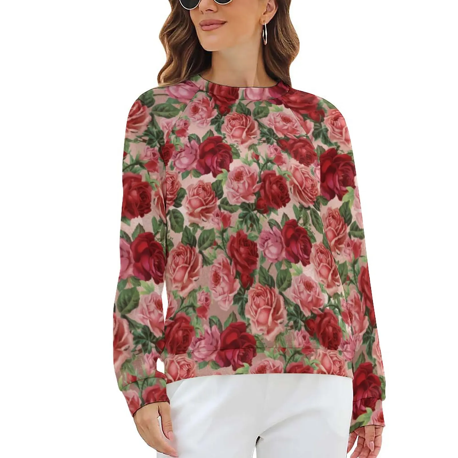 Felpe con stampa floreale Vintage donna manica lunga elegante rose rosse elegante felpa con cappuccio Casual Street Style felpe personalizzate Oversize