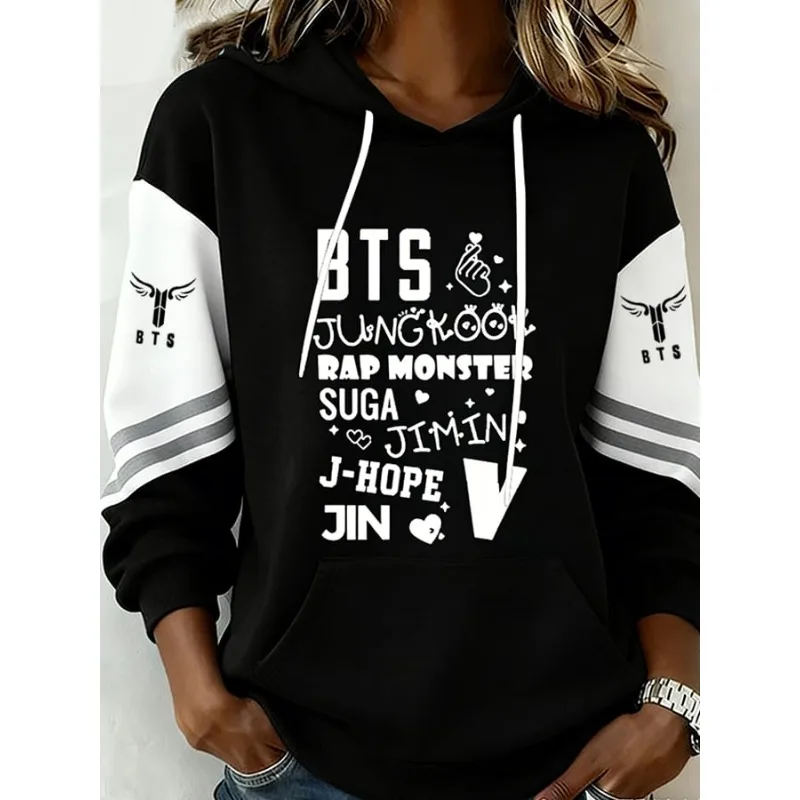 New BTS Member Name Print Color Block Hoodie for Men Women Long Sleeve Y2K Loose Oversized Streetwear Kpop Fan Sweatshirt Tops