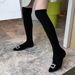 Liyke New Design Crystal Buckle Women Slim Leg Thigh High Sock Boots Casual Flat Heels Black Stretch Fabric Over The Knee Shoes