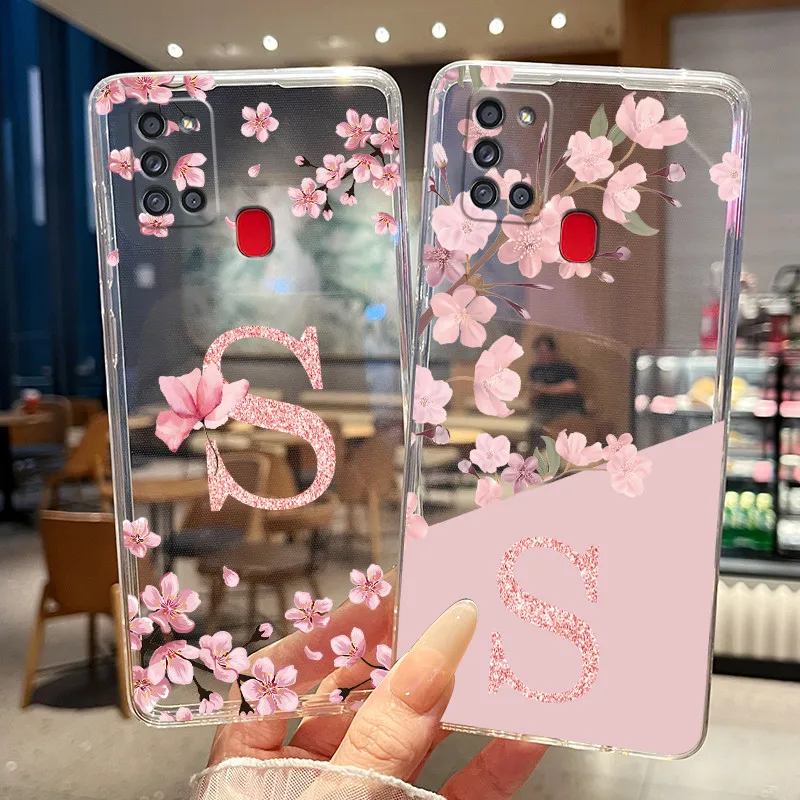 Phone Cases For Samsung Galaxy A21S Case SM-A217F Pretty Flower Letters Casing Transparent Soft Slim Silicone Back Cover Bumper