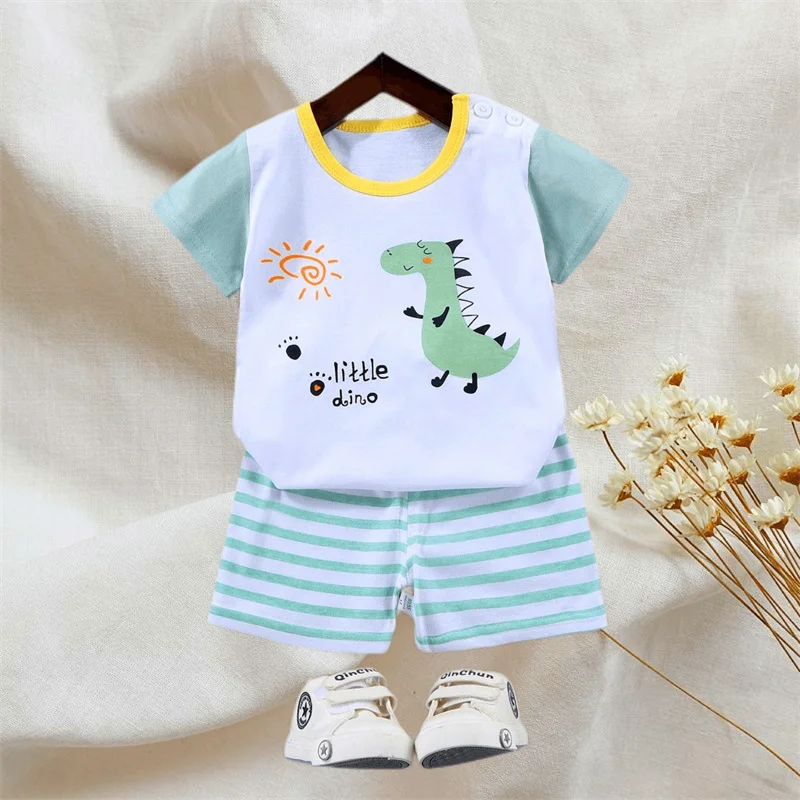 Kid Boys Summer Short Sleeves Tees+Stripe Shorts 2-piece Clothes Set Cartoon Dinosaur Print Soft Cotton Sports Casual Suit 1-6 Y