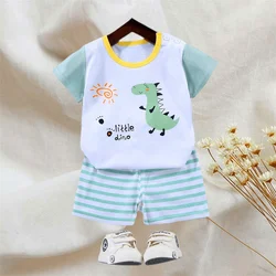 Kid Boys Summer Short Sleeves Tees+Stripe Shorts 2-piece Clothes Set Cartoon Dinosaur Print Soft Cotton Sports Casual Suit 1-6 Y