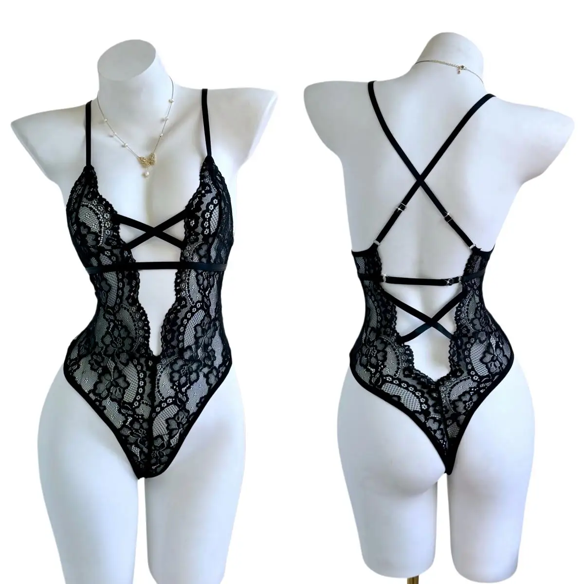Sexy Tight Fitting Bodysuit Sexy Lingerie Backless Black See Through Lace Strap Back Teddy Doll Underwear Date Fnight Outfit