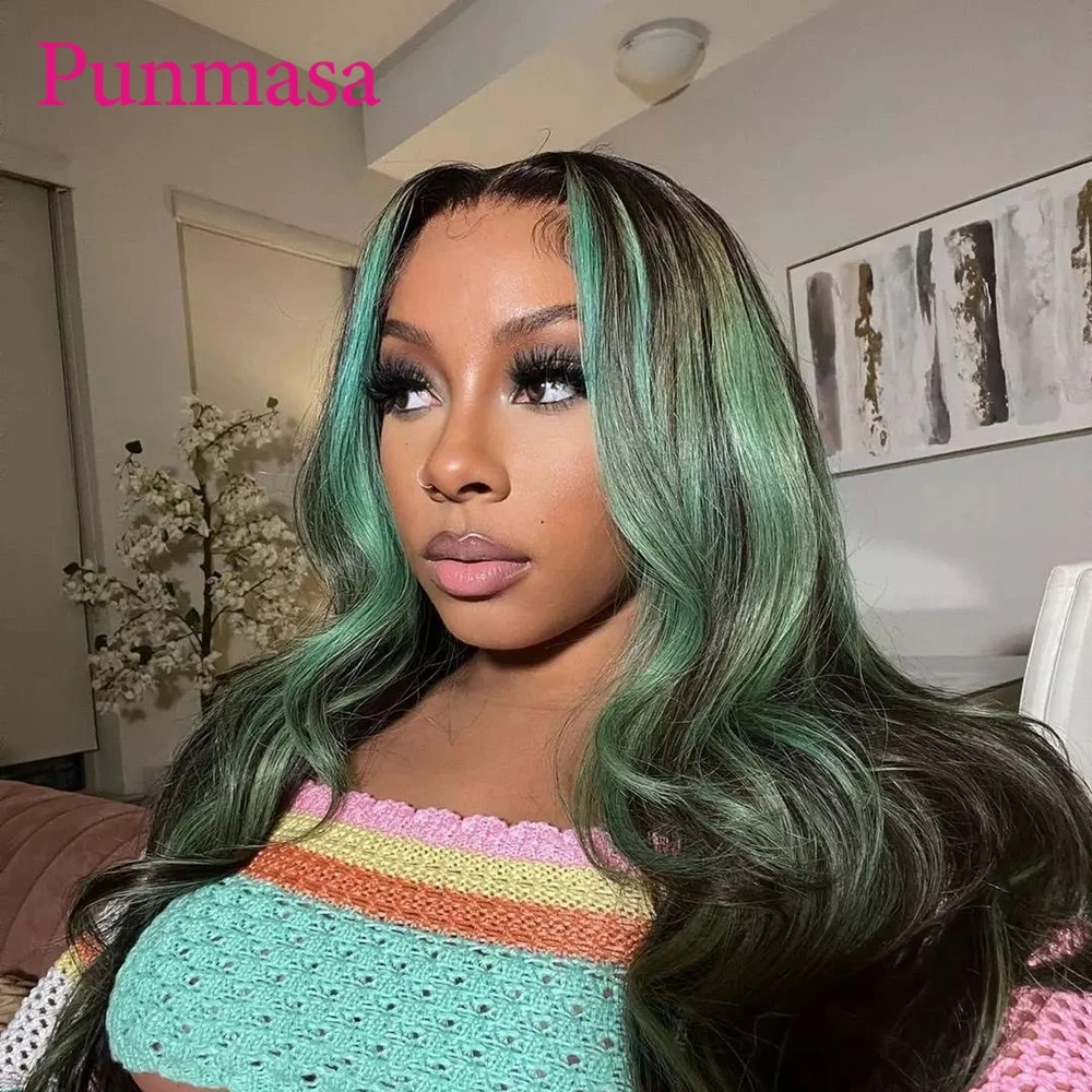 

13x6 Green Lake Splice Color Body Wave Lace Front Human Hair Wig For Black Women 360 Lace Frontal Wig 30 Inch 13x4 Closure Wig