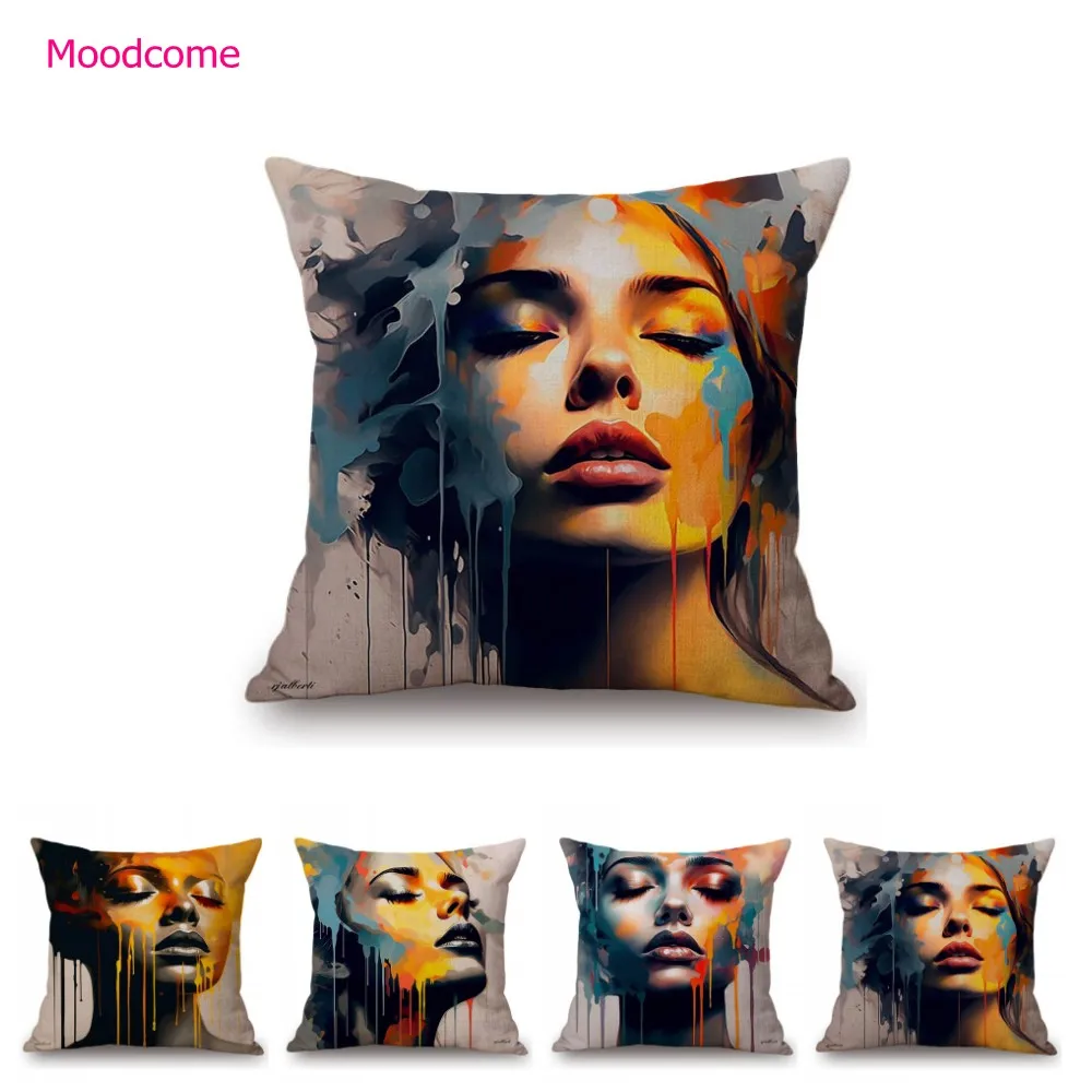 Abstract Ink Splash Oil Painting Art Pretty Girl Face Modern Fashion Decorative Cushion Cover Cotton Linen Sofa Pillow Case.