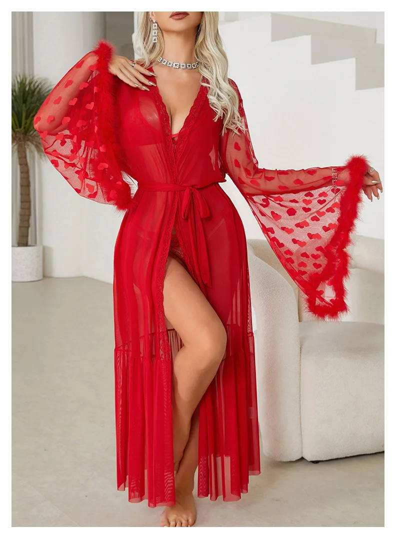 

Women's Mesh Lingerie Robe Heart Fuzzy Trim Flare Sleeve V Neck Nightgown with Belt Sexy Lace Sheer Bathrobes Nightwear