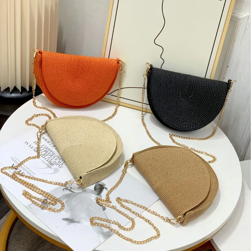 

Temperament Bag Semicircle Braid Bag Luxury Small Fragrance Chain Straw Braid Bag Summer Women's Bags High Quality Crossbody Bag