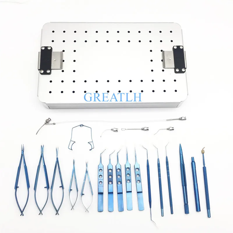 21pcs Cataract Surgical Set Titanium Vannas Scissors Forceps Sterilization Tray Box Ophthalmic/Dental Instruments 1pcs