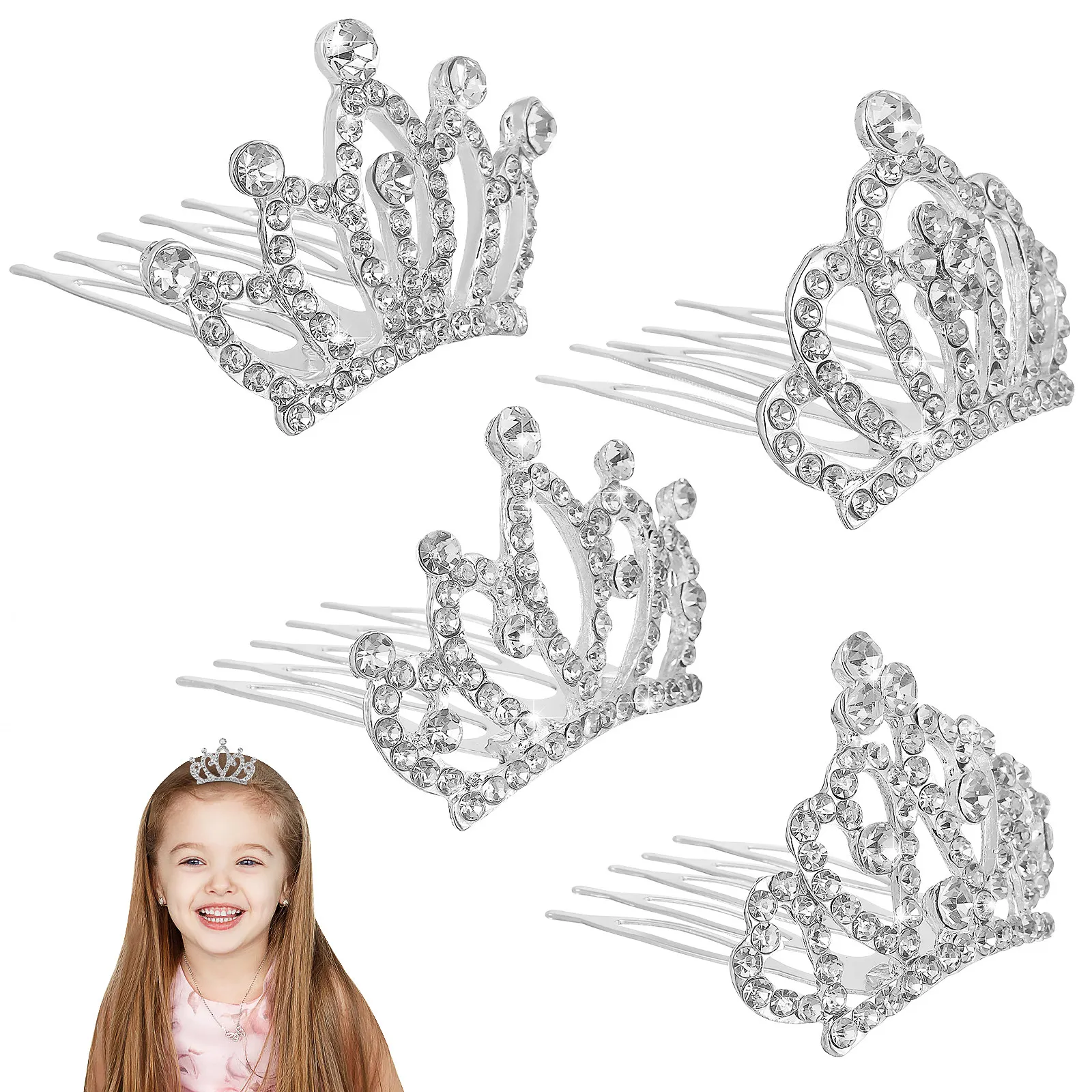 

4Pcs Shiny Rhinestone Kids Crown Comb Small Tiara Hairpiece for Girls Birthday Holiday Photoshoot Stage Performance School Event