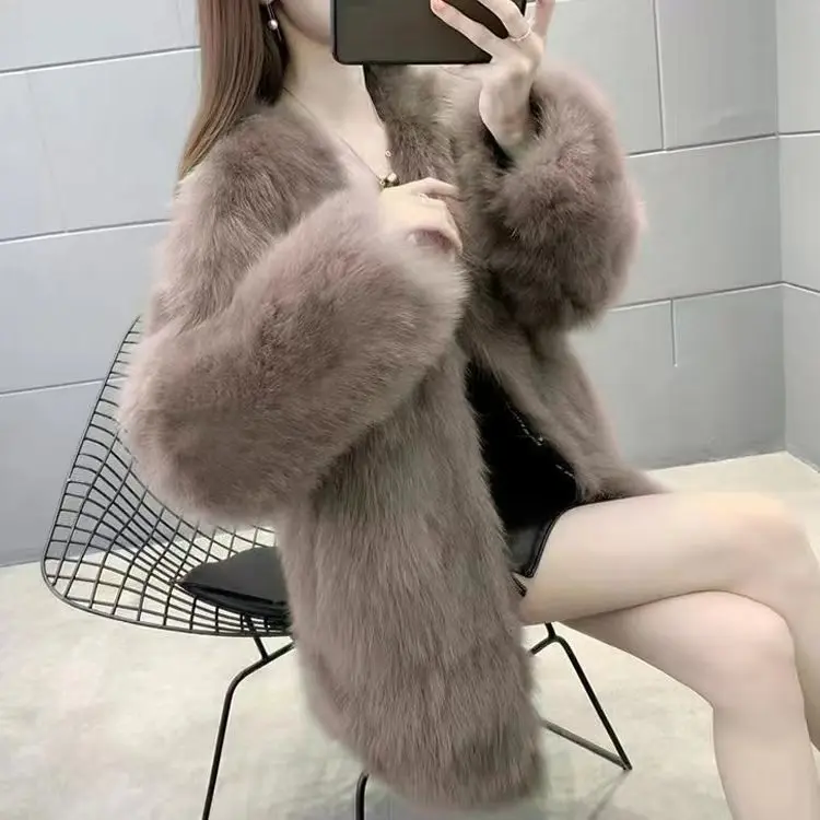 Women Coat Faux Fur Fox Coats Jackets Thick Warm Y2k Streetwear Jacket V Neck Work Elegant Outerwear Autumn Winter 2025