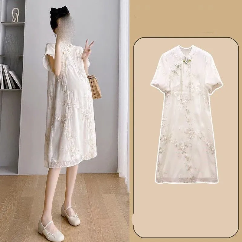 2026 Creative New Pregnant Women's Summer Dress Chinese Embroidery Fashion Pregnant Women's Cheongsam Skirt Maternity DressLJ334
