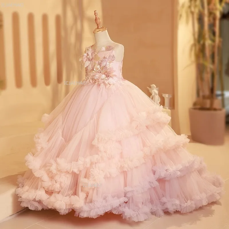

Pink Girls Princess Party Dress with Long Train Flower Girl Wedding Children Piano Performance Pageant Formal Gown for Birthday