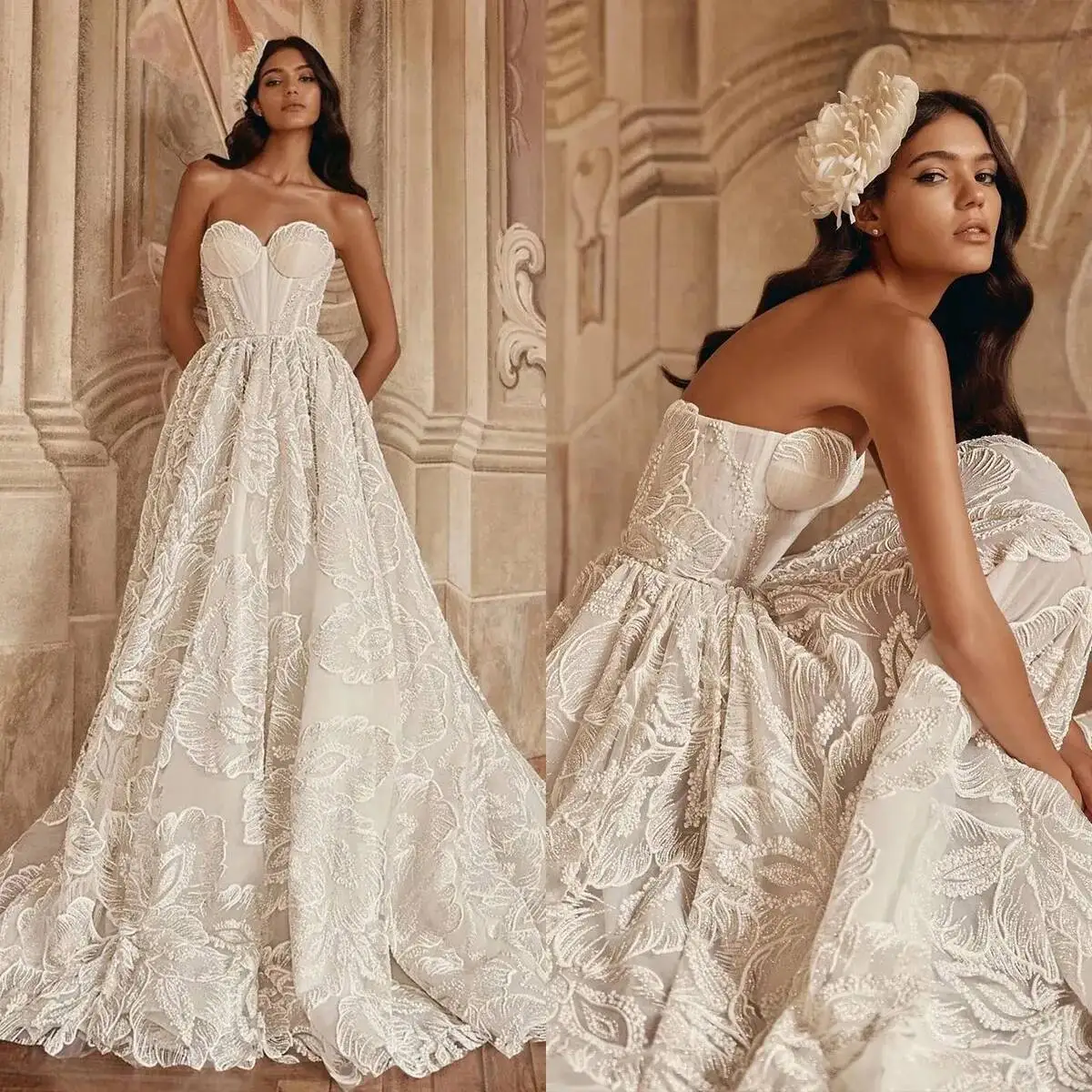 

Strapless Elegant Wedding Dresses Lace Wers Appliques Bride Gowns Pearls Beading Sleeveless Custom Made Sweep Train Bridal Dress